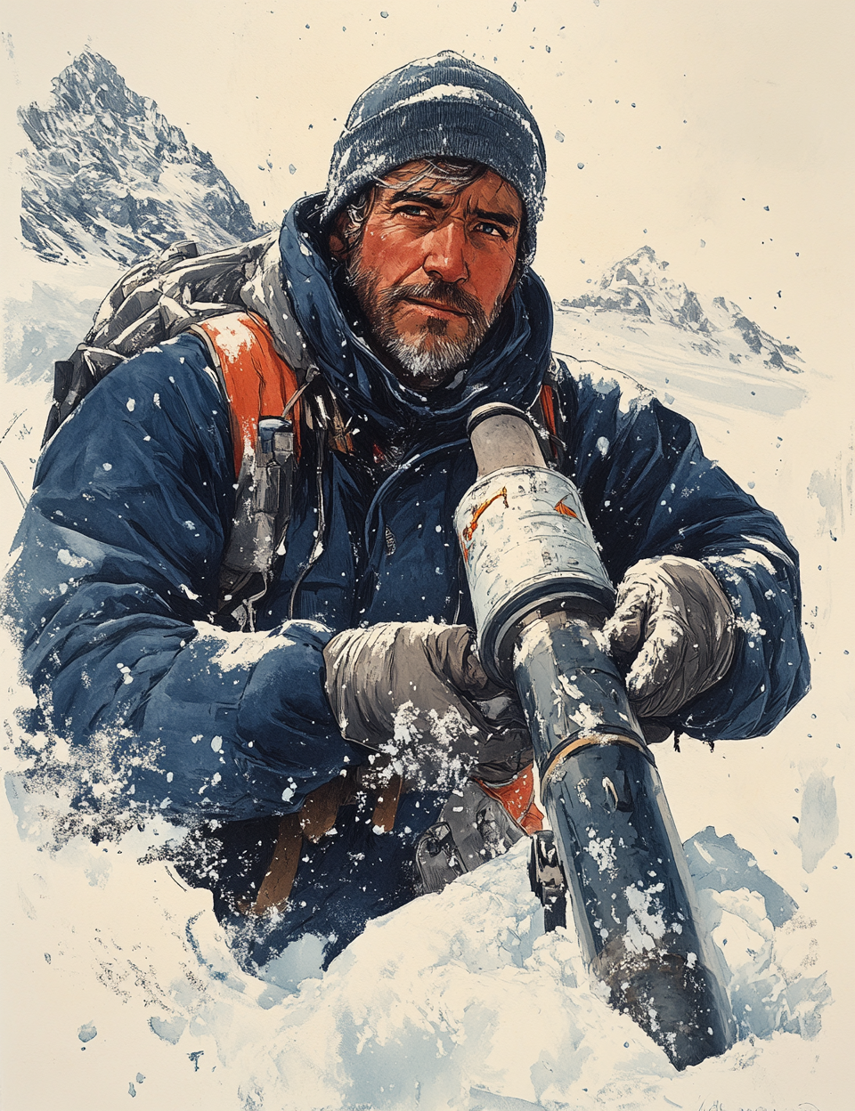 Person in snowy landscape using a drill, surrounded by mountains