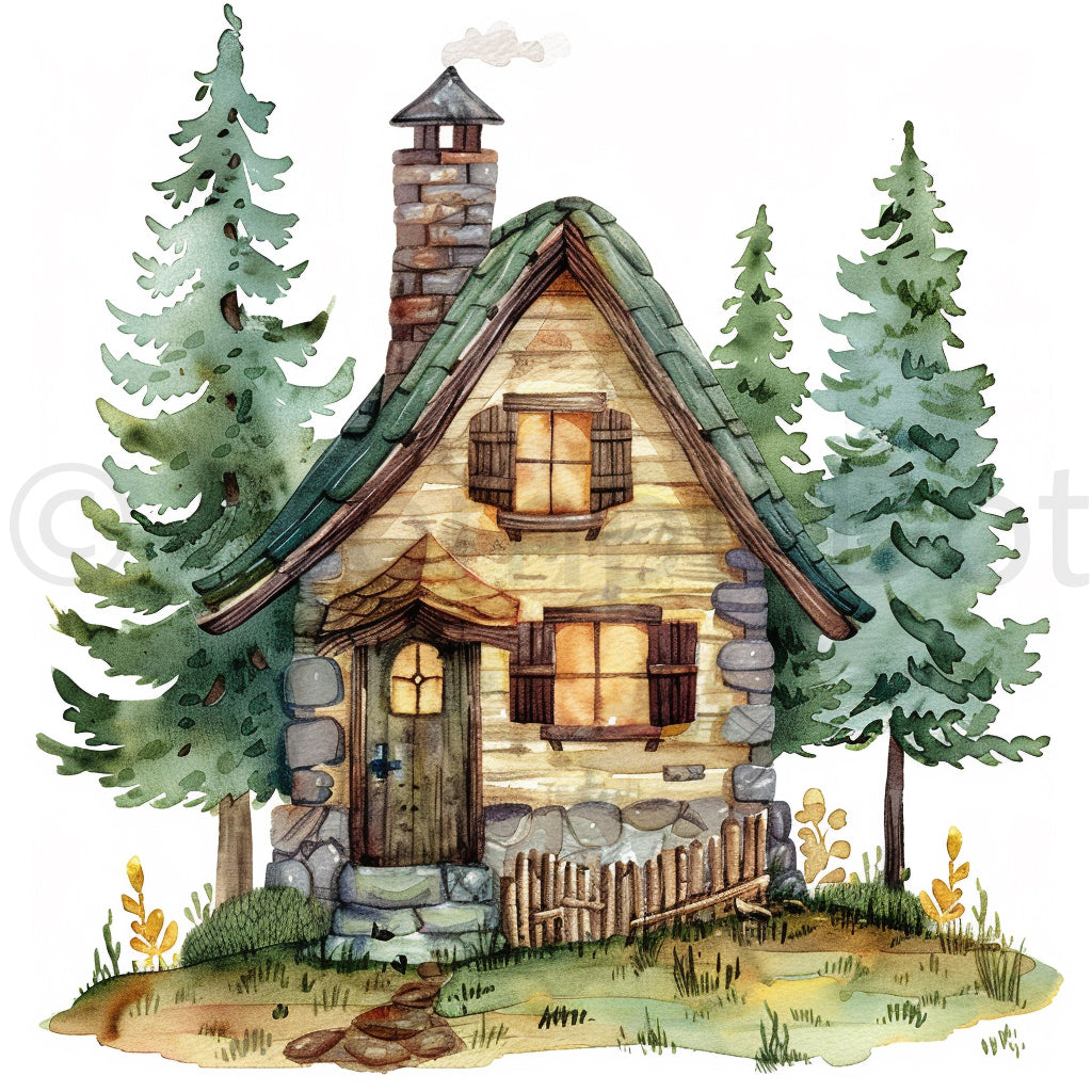 cabin in the woods Fairy Tales Woodland Watercolor