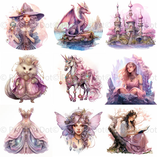 Fantasy Watercolor Clipart Fairytales Midjourney Prompt Commercial Use collection of nine