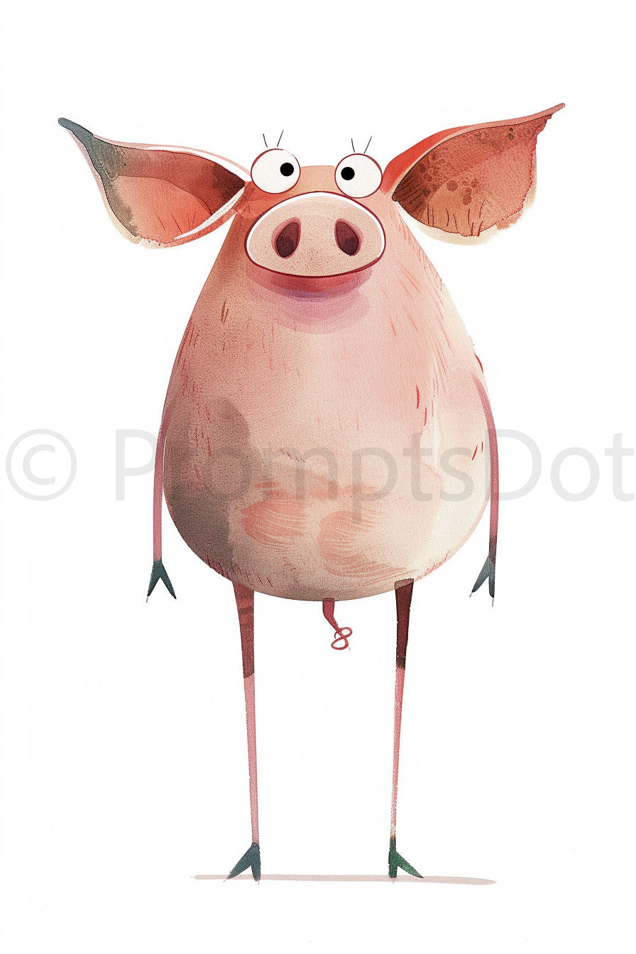 Pink pig Quirky Animals Watercolor