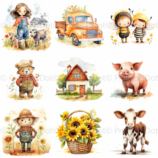 Cute Farm Watercolor Nursery Art Clipart Digital Art and Midjourney Prompt Commercial Use