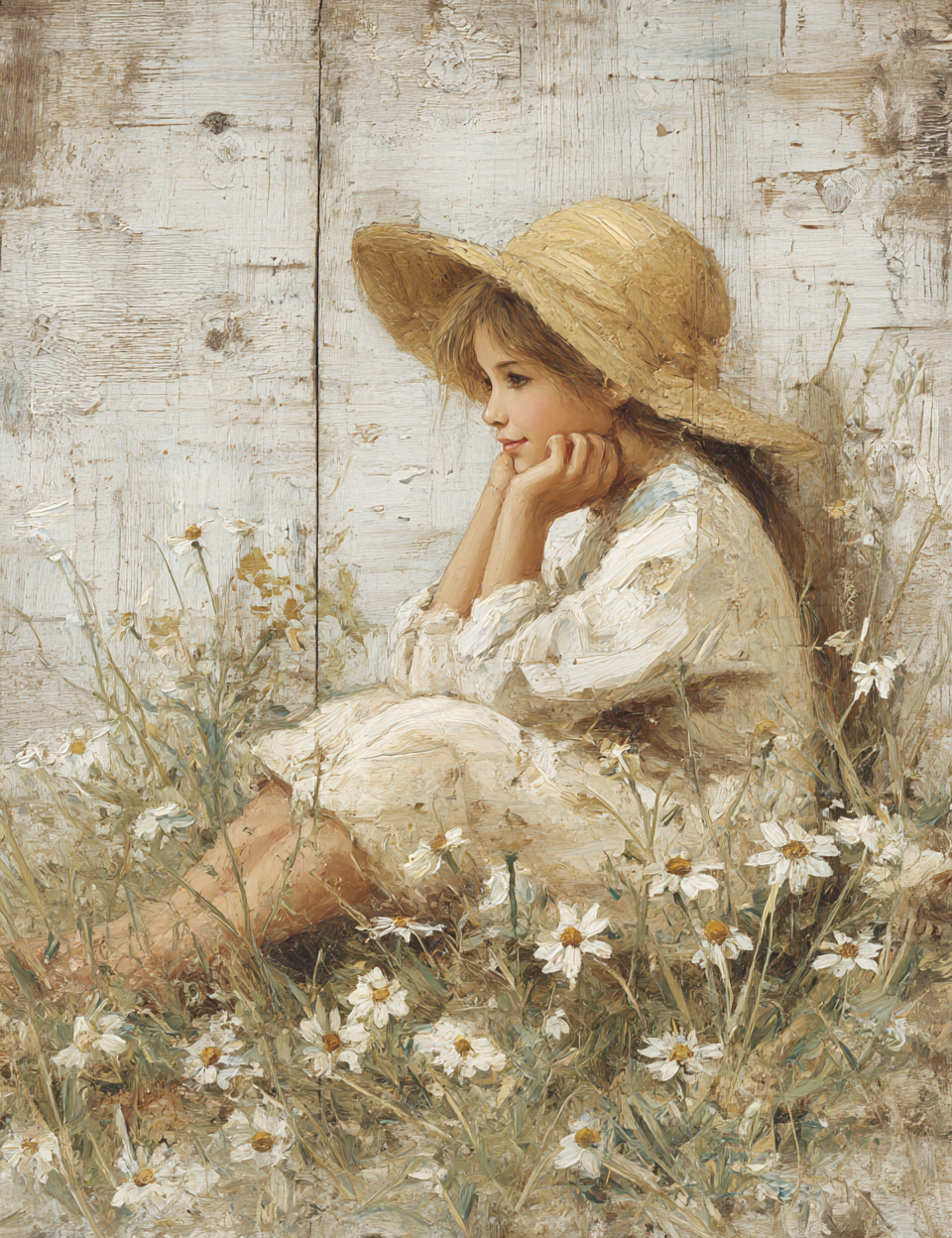 Painting of a young girl sitting in a field of flowers with a rustic wooden background