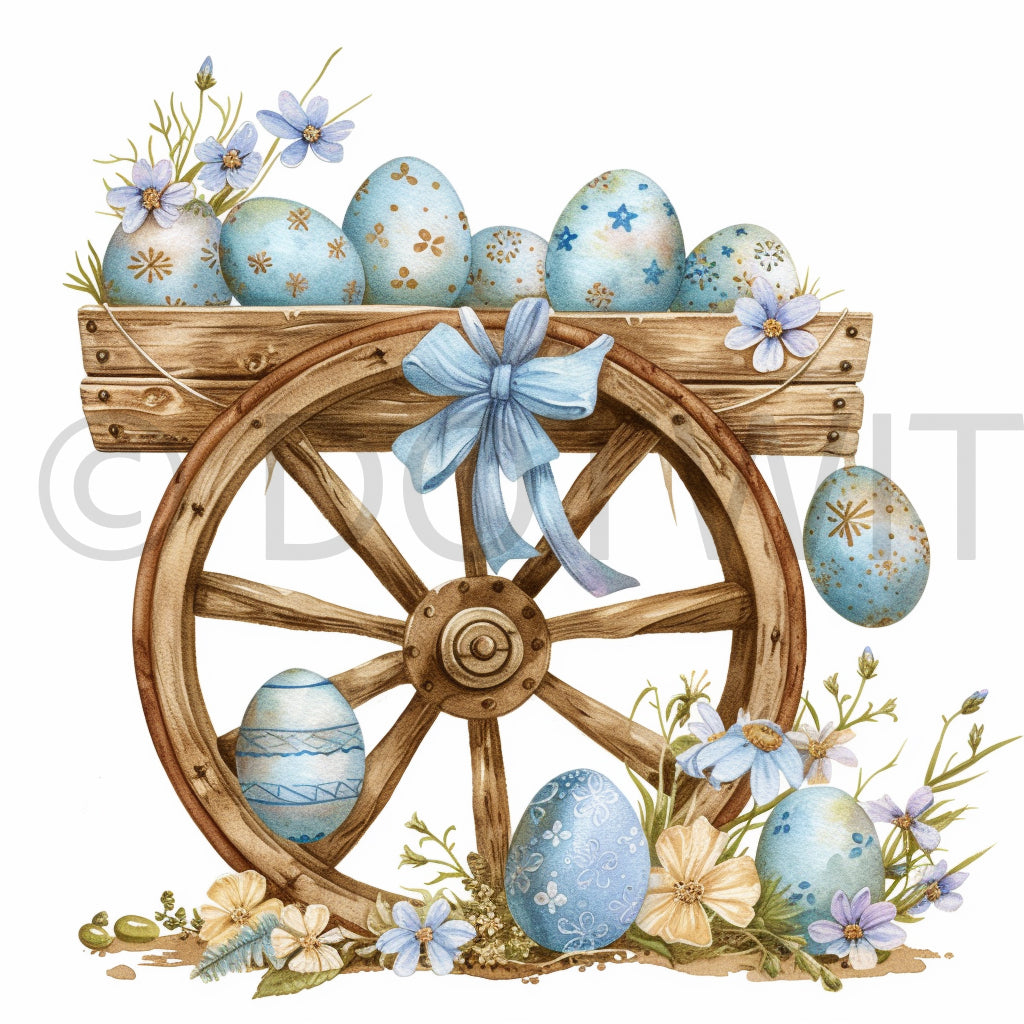 cart wheel with easter eggs farmhouse rustic clipart