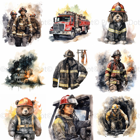 Firefighter Watercolor Clipart Firemen Digital Art and Midjourney Prompt Commercial Use