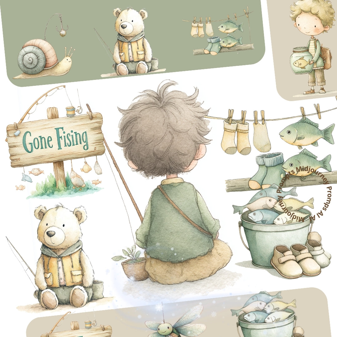 Midjourney v 7 Prompts for Fishing Tackle Watercolor Clipart