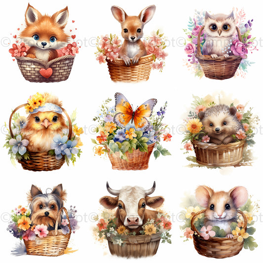 Floral Basket Animals Watercolor Clipart Midjourney Prompt Commercial Use