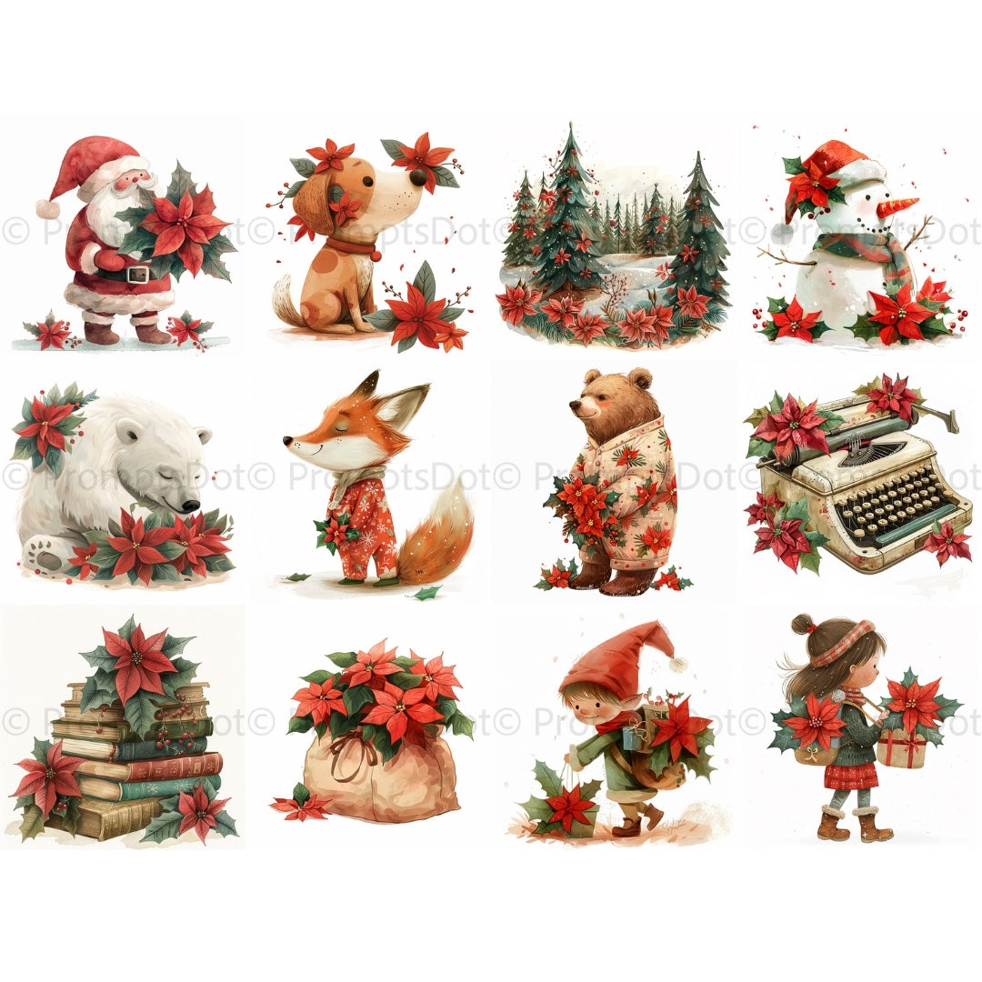 grid of images Cozy Floral Christmas Watercolors Clipart Midjourney Prompts