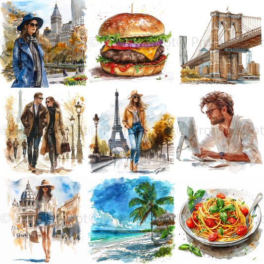 Food People And City Watercolor Midjourney Prompts