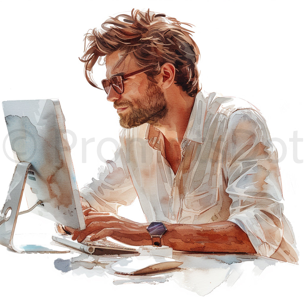 man working in his computer Food People And City Watercolor Midjourney Prompts