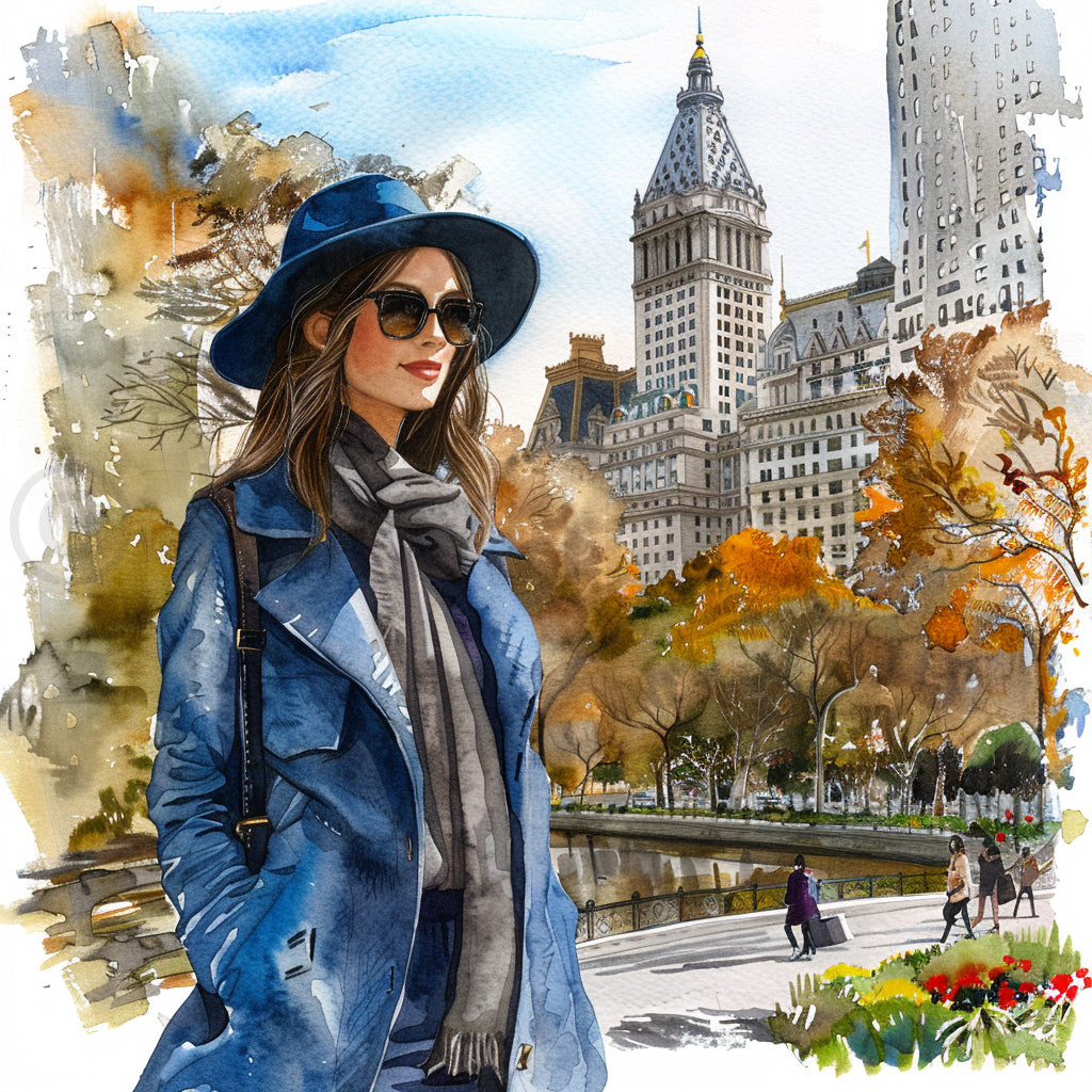 woman in central park Food People And City Watercolor Midjourney Prompts