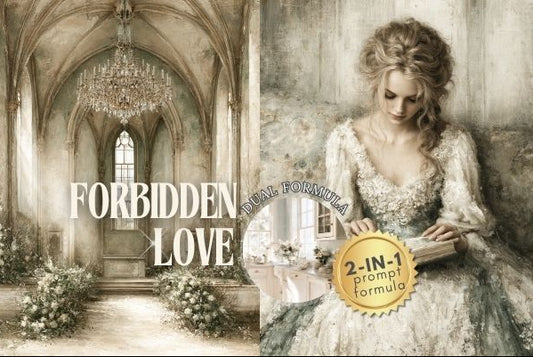 A vintage-style promotional graphic with the words 'FORBIDDEN LOVE' over a romantic scene. The left side shows a gothic archway and flower-lined path, while the right side shows a woman in an ornate white gown seated in a softly lit interior.