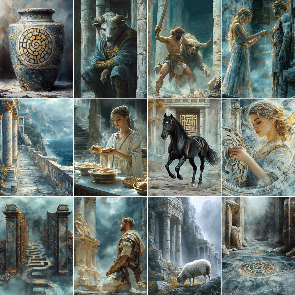 Collage of classical scenes with figures, animals, and architecture in a fantasy style.