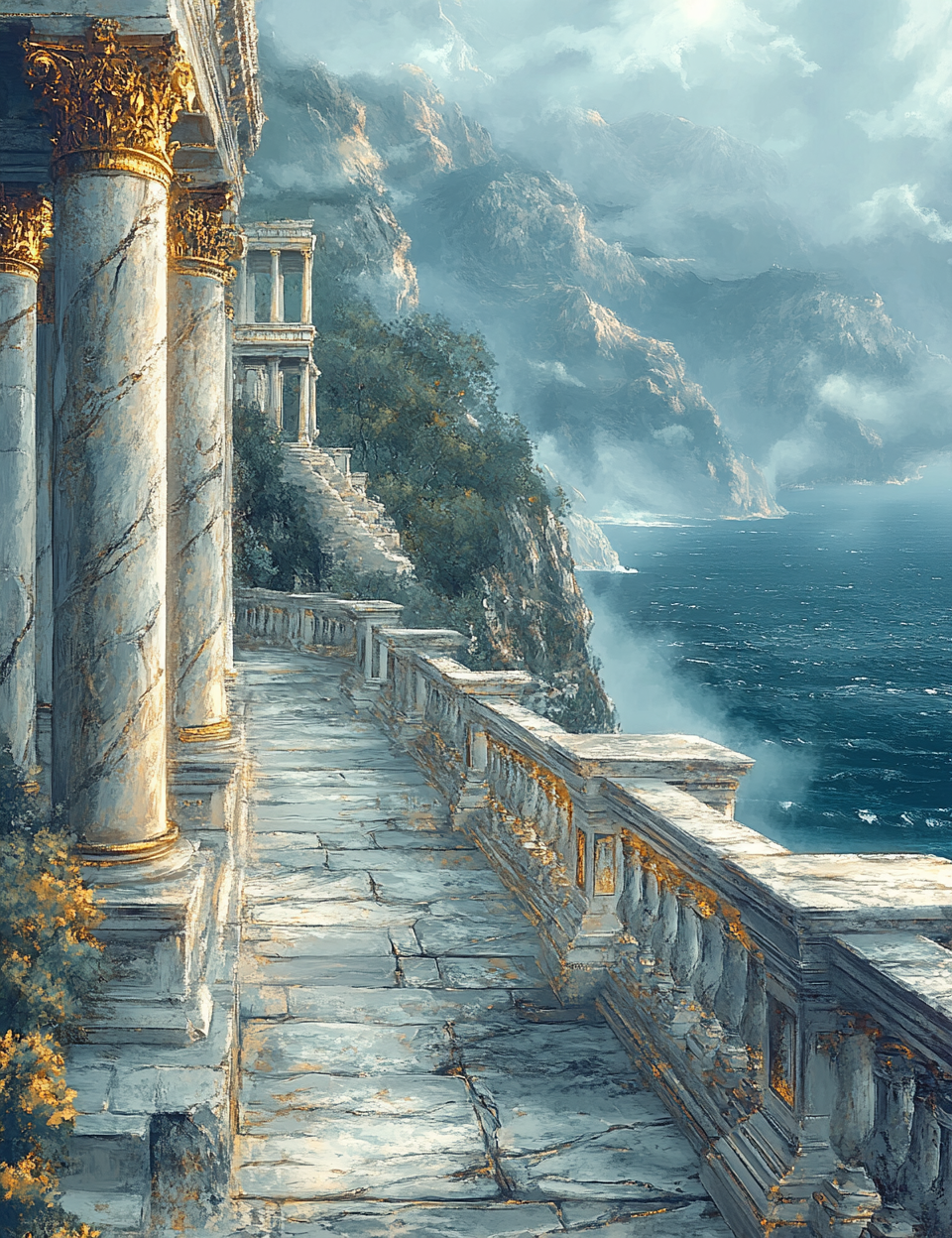 Staircase leading to a classical building with columns overlooking a coastal landscape.