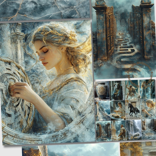 Collage of a woman with classical architecture and decorative elements