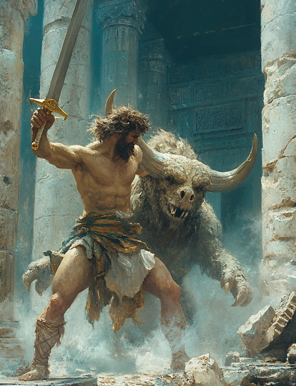 Man with a sword facing a creature in an ancient ruin setting