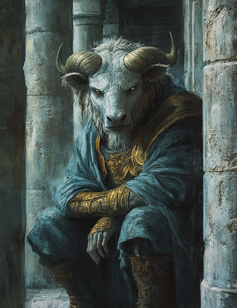 Monster-like creature with ram-like features and armor sitting in a stone corridor.