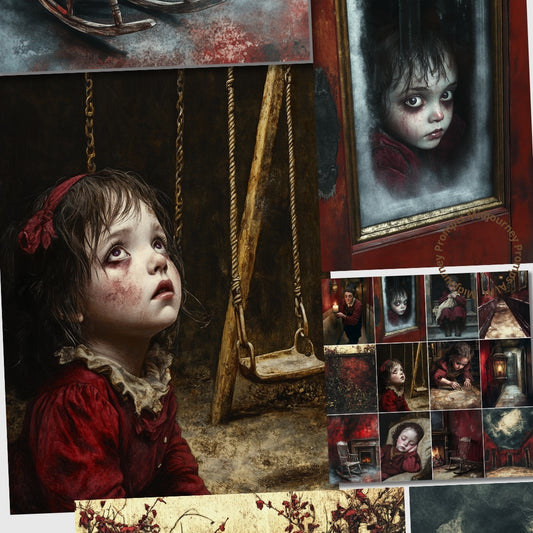 Collage of a young girl in a red dress with a swing and framed portrait.