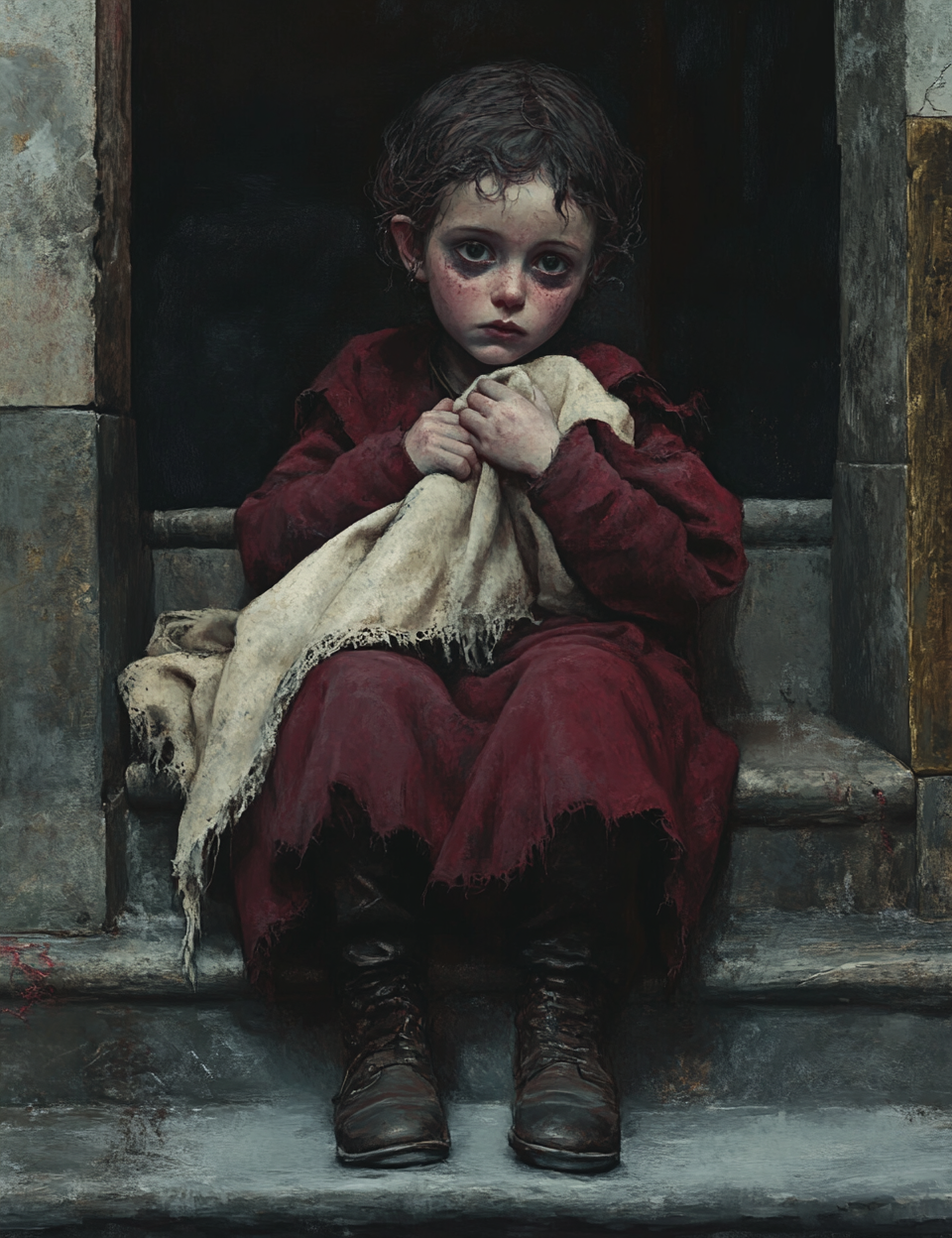 Child in a red robe sitting on stone steps holding a blanket, with a dark and somber atmosphere.