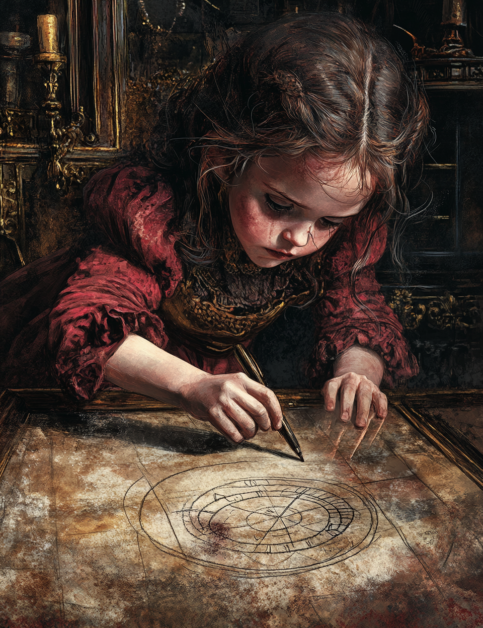 Young girl in a red dress studying an ancient map on a wooden table.