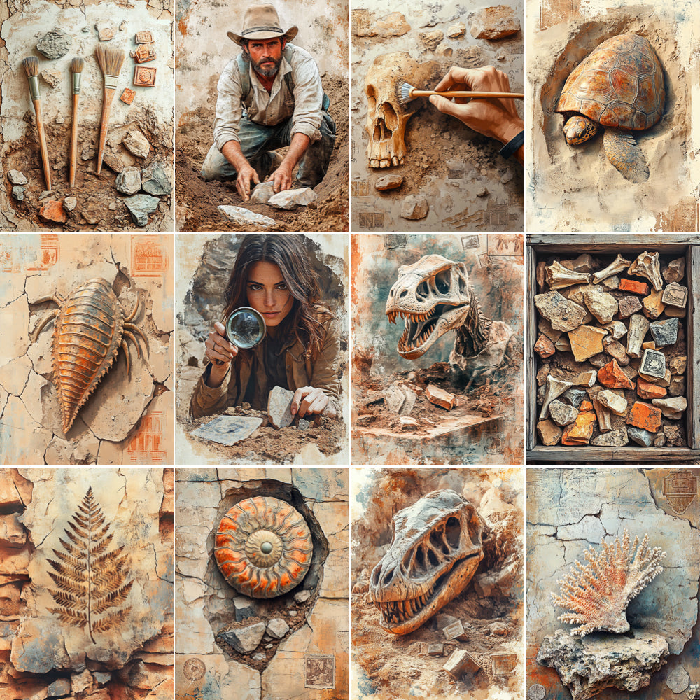 Grid Midjourney V 6.1 Prompts for Fossils in Archaeology Ephemera Papers