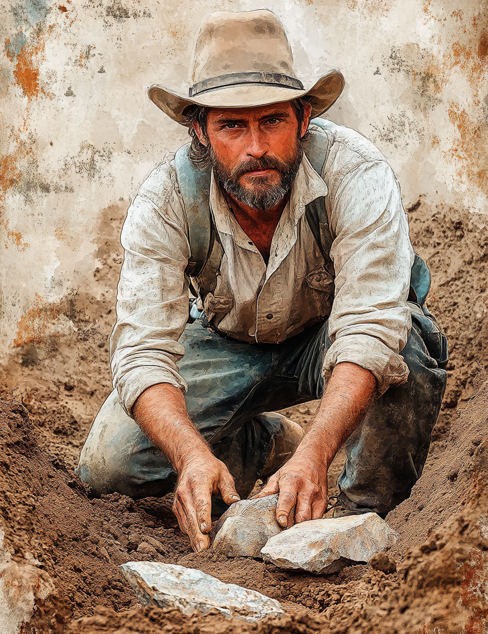 Man in a cowboy hat and rugged attire digging in the dirt with a rock.