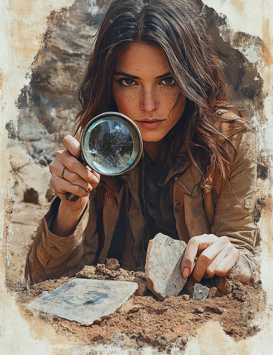 Woman examining a stone with a magnifying glass against a textured background