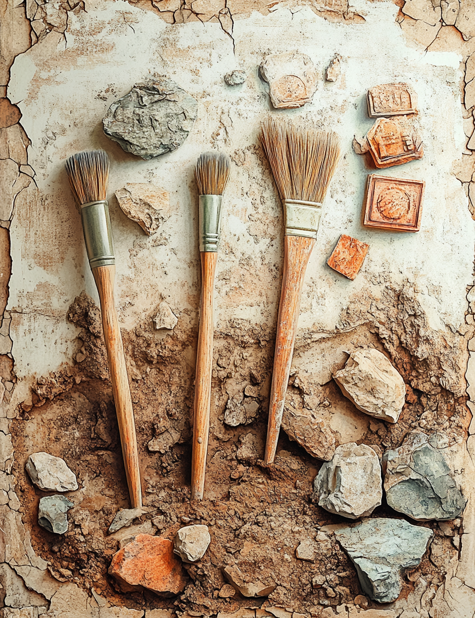 Three brushes on a textured surface with stones and small bricks.