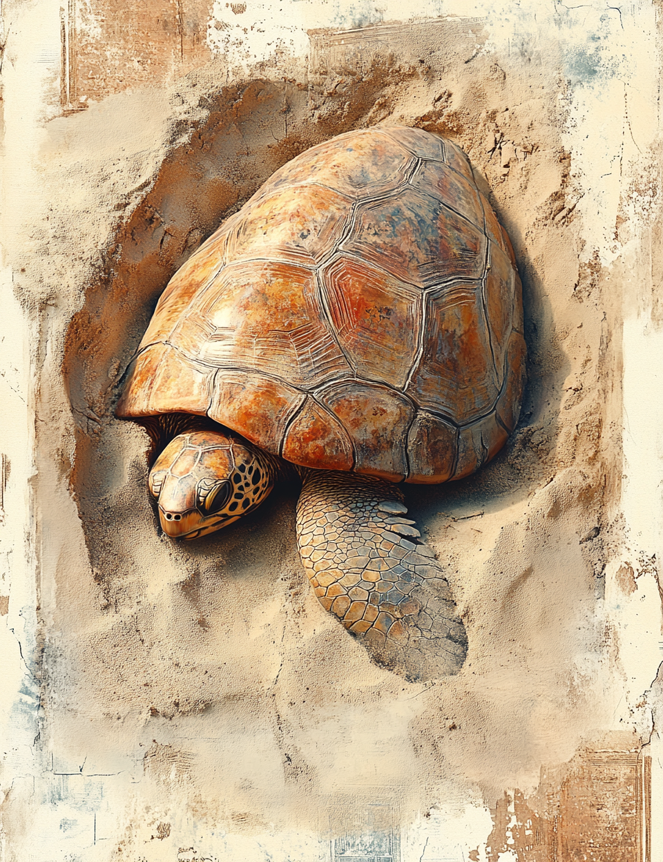 Tortoise emerging from a textured wall