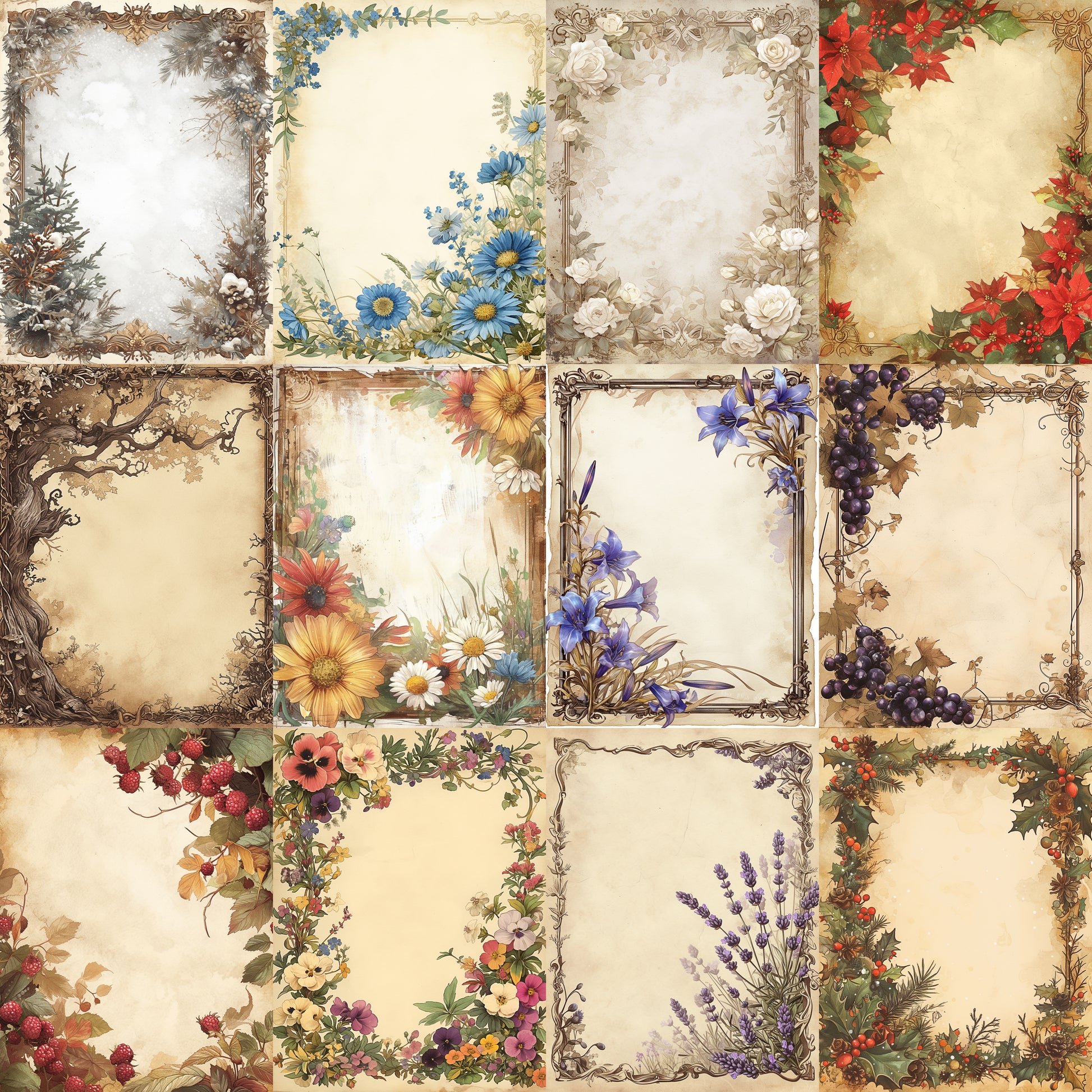 grid Midjourney Prompts For Framed Floral Junk Journal Pages