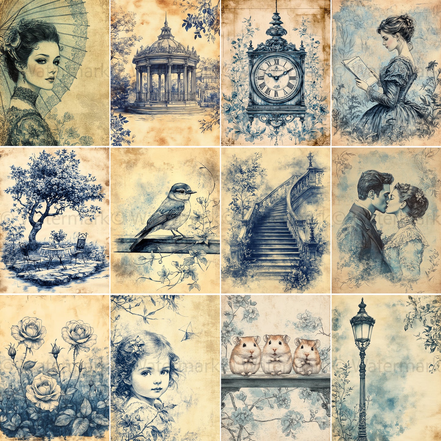 Midjourney Prompts for Blue Toile Junk Journal Kit