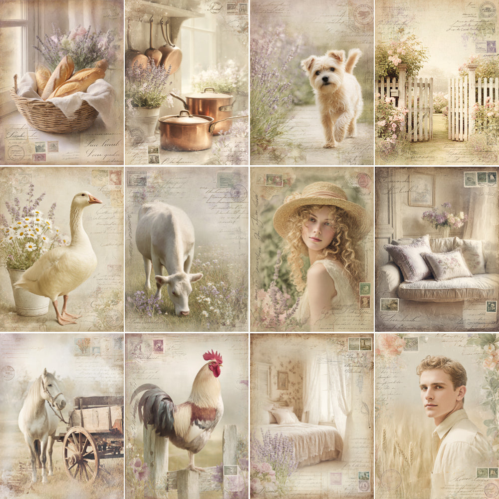 Collage of vintage-style images including a dog, goose, cow, girl with hat, horse, rooster, and a man.