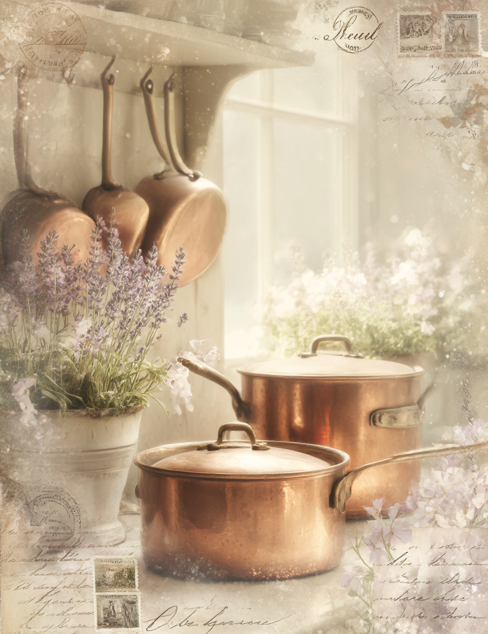 Copper pots on a kitchen shelf with flowers and a vintage feel