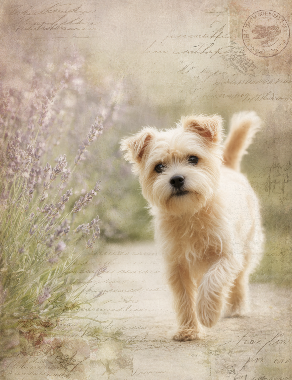 Small dog standing on a path with lavender flowers and vintage text in the background