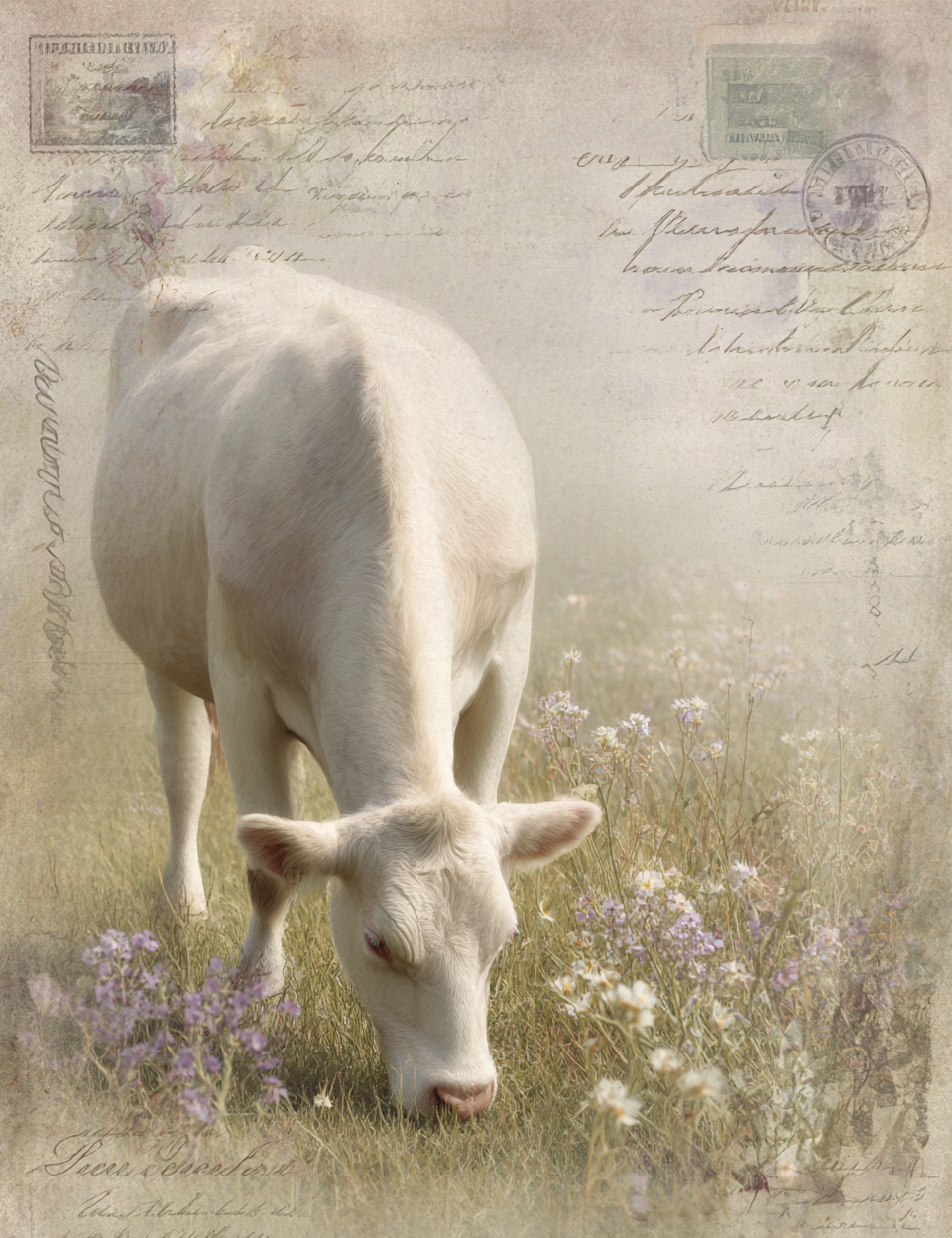 White cow grazing in a field with a vintage letter background