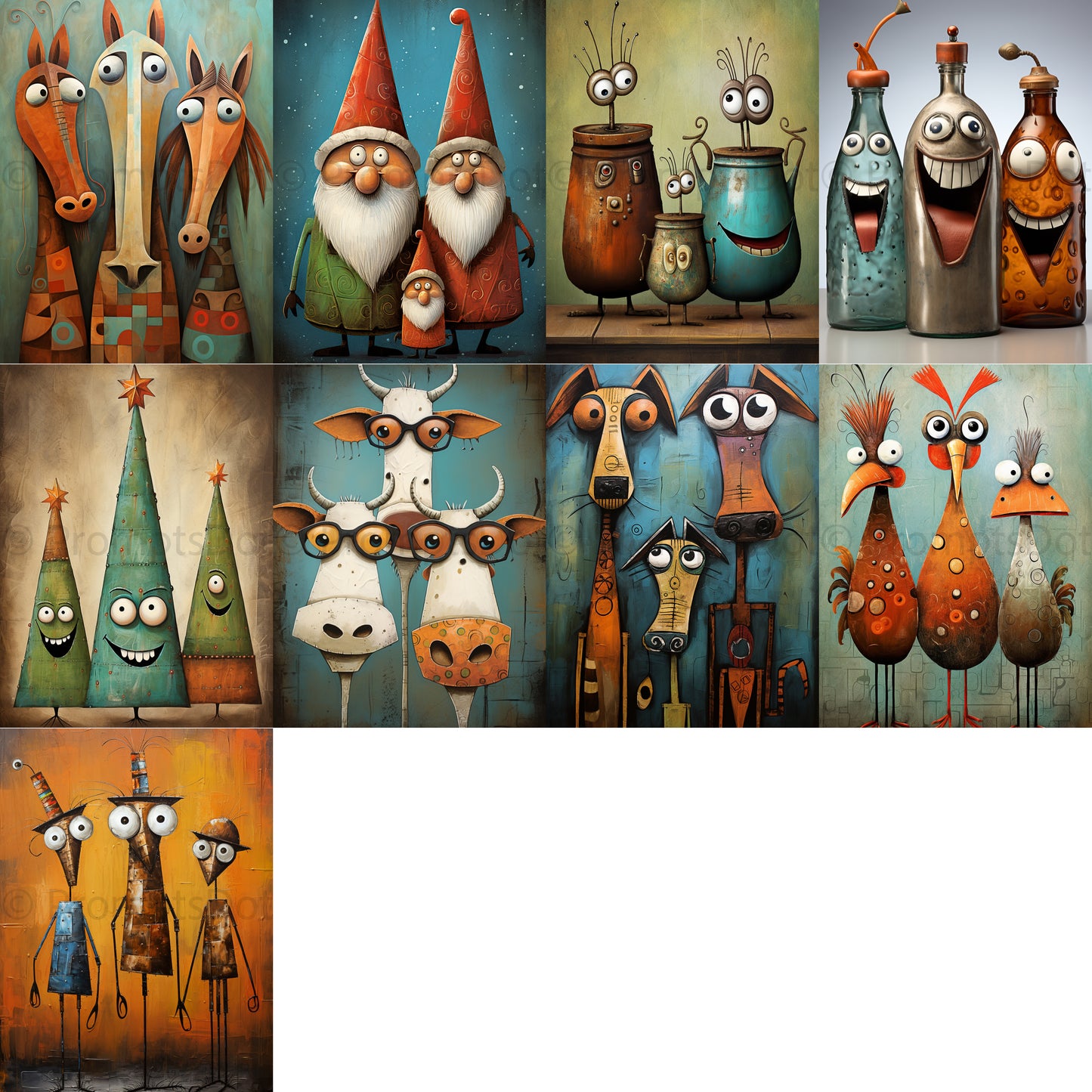 grid of nine Funny Cute Holiday Digital Postcards Posters