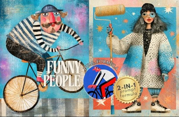 A colorful illustrated collage with whimsical figures, a bicycle, a paint roller, a guitar, and the text 'FUNNY PEOPLE' and '2-IN-1 prompt formula.' This is not a clean product photo, not a lifestyle scene, and not a measurement chart, color swatch, or instruction diagram.