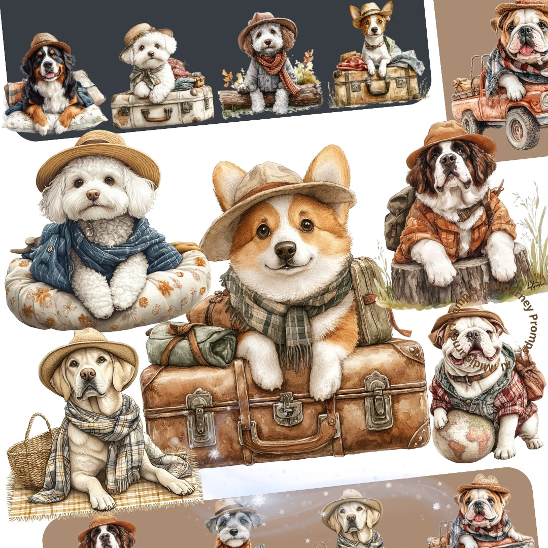 Midjourney Prompts for Funny Travel Dogs in Cute Places Clipart