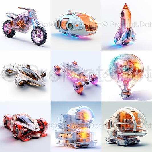 Midjourney Prompt Futuristic Vehicles Buildings Sci-fi Commercial Use Collection of nine futuristic vehicles