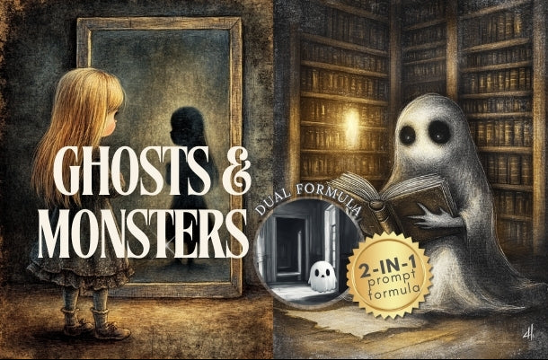 Vintage-style illustration with a girl, mirror, and ghostly figures in a library setting.