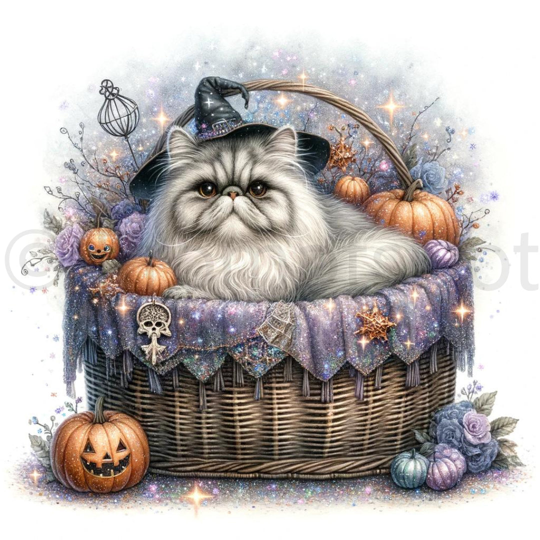 Persian Cat in a Halloween Basket clipart