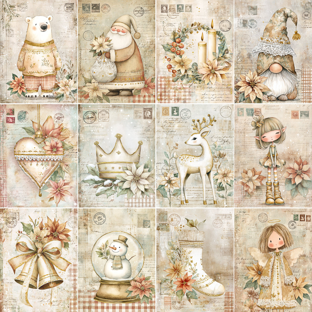 Collection of vintage-style illustrations featuring characters like a bear, Santa Claus, a gnome, and a snowman on a textured background.