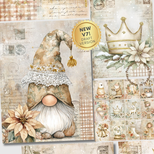 Decorative image with a gnome, crown, and flowers on a textured background
