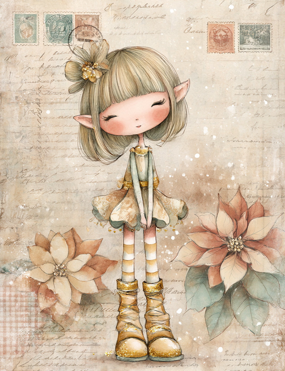 Illustration of a fairy-like girl with flowers on a textured background