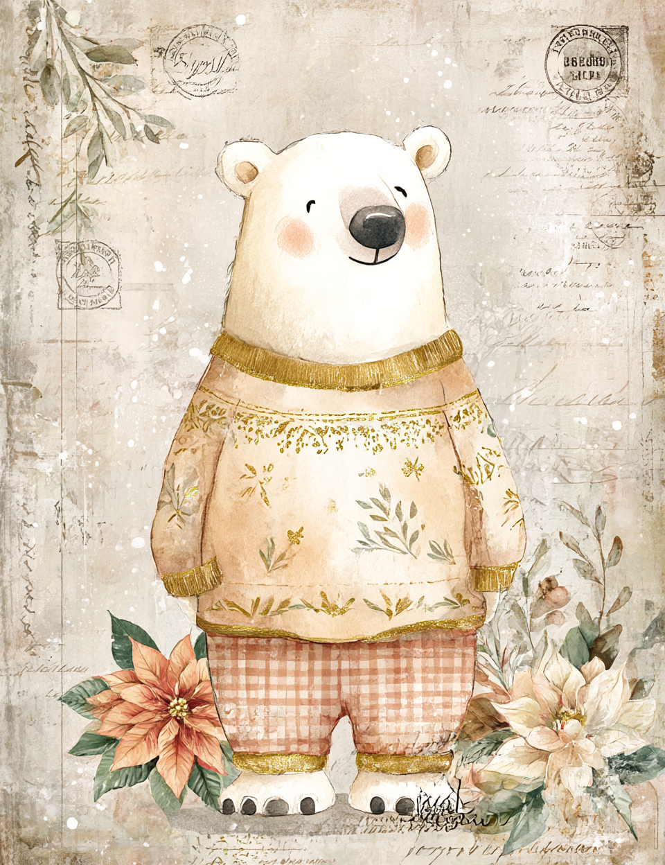 Illustration of a polar bear wearing a sweater with floral patterns on a textured background.