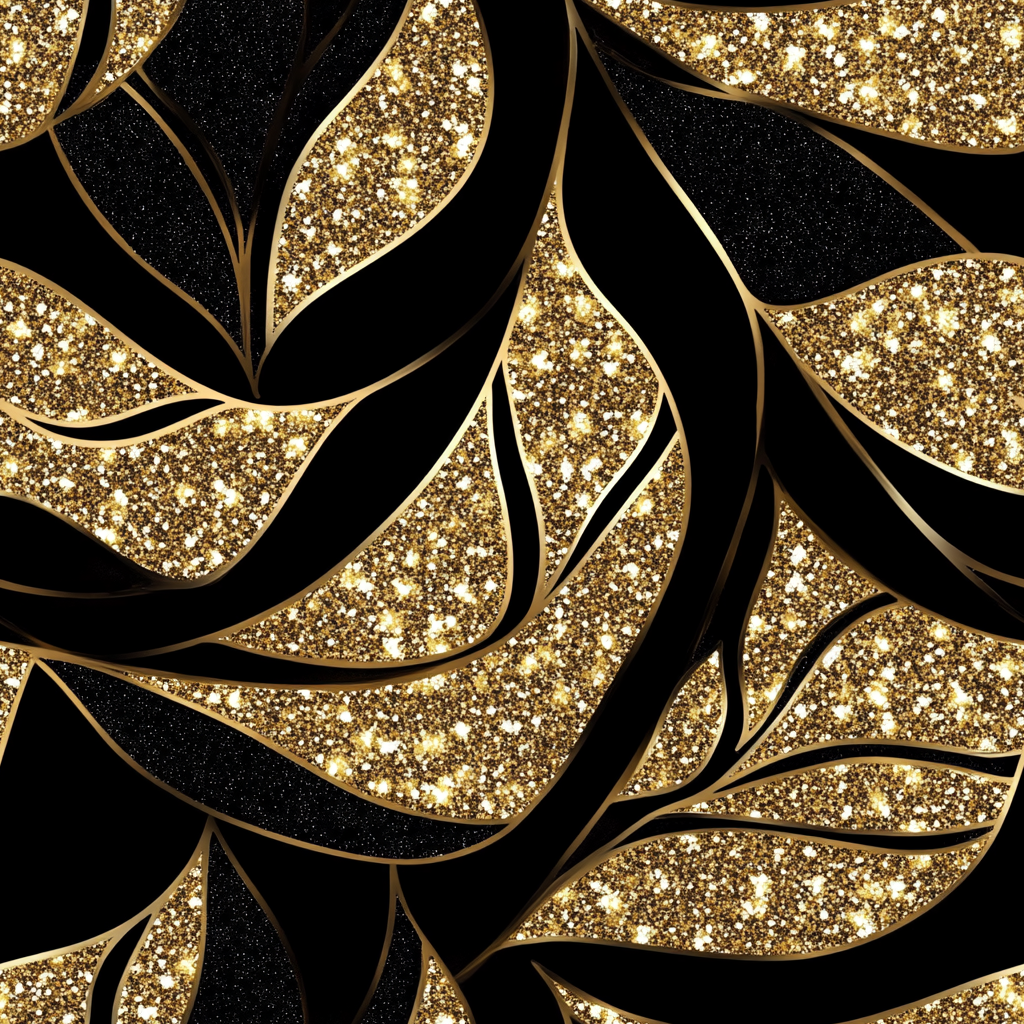 stylized leaves Midjourney Prompts For Gold And Black Glitter Seamless Pattern