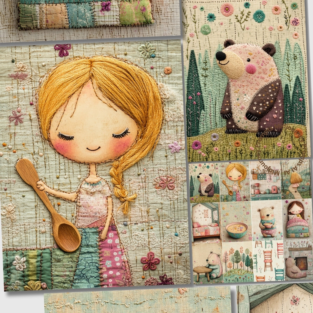 Collage of illustrations including a girl with a wooden spoon, a bear, and various scenes.