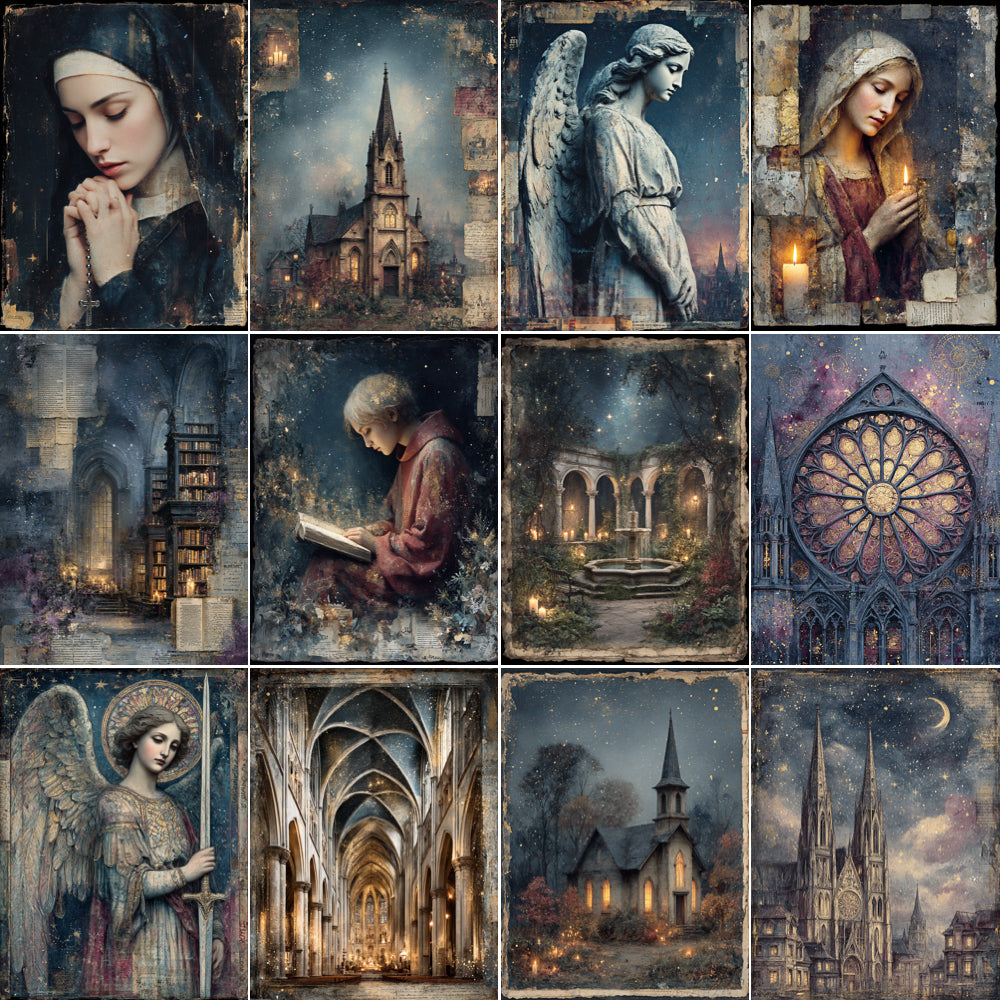 Collage of gothic architecture, religious figures, and serene landscapes with a mystical atmosphere.