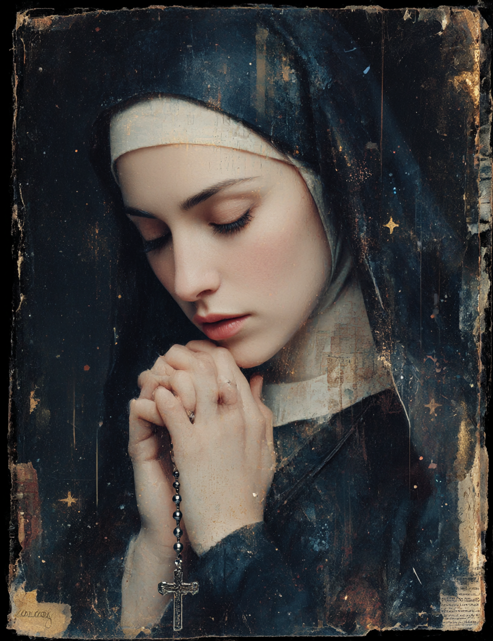 Artistic depiction of a person in religious attire with a rosary, styled to resemble classical painting.