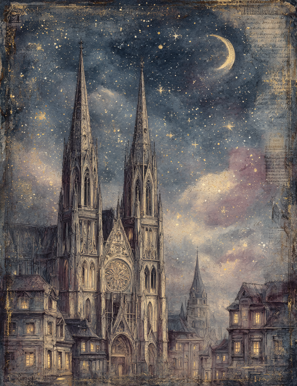 Gothic cathedral under a starry night sky with a crescent moon.