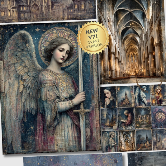 Collage of angel artwork with cathedral background and 'NEW V7! DRAFT VERSION' label.